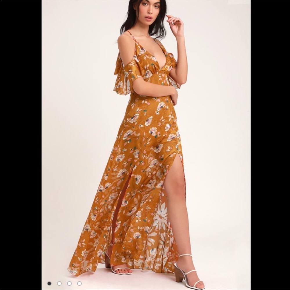 Lulu's Mustard Floral Ruffle Cold-Shoulder Maxi Dress